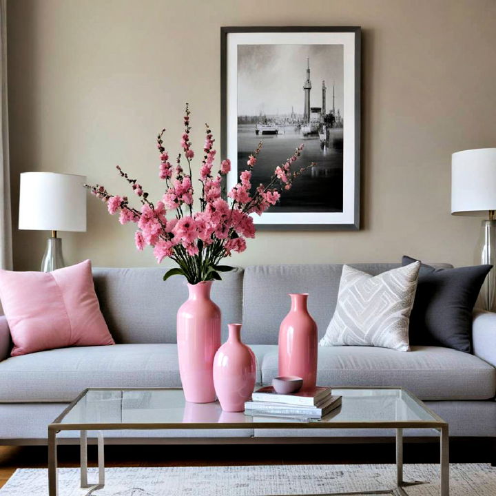 pink and grey accents living room design