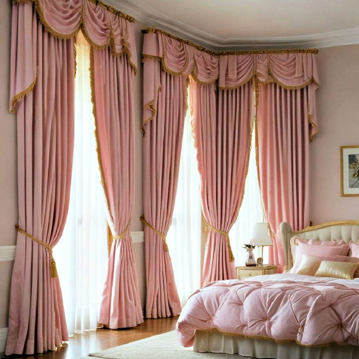 pink curtains with gold trim for bedroom