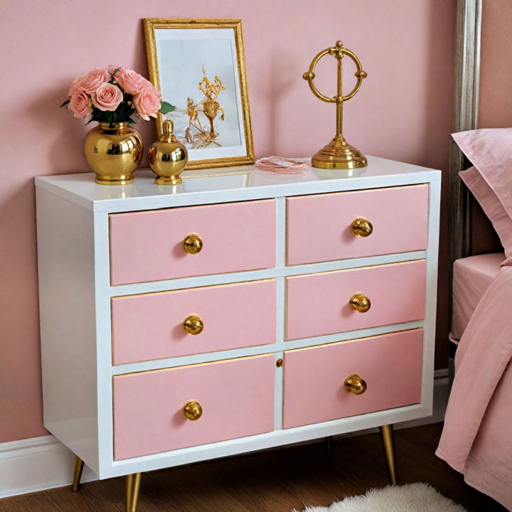 pink dresser with gold hardware