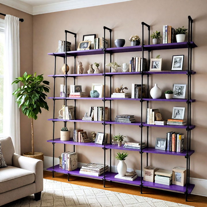 purple accented shelving unit