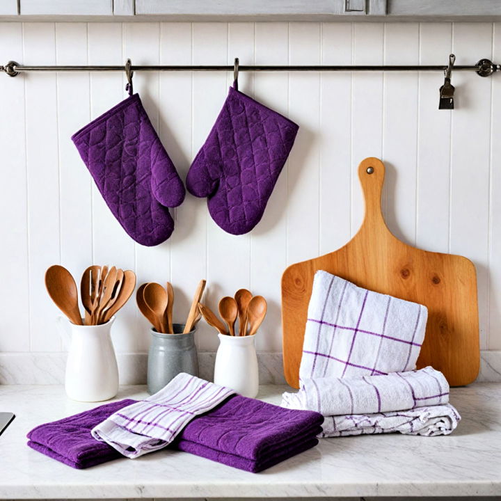 purple oven mitts and towels