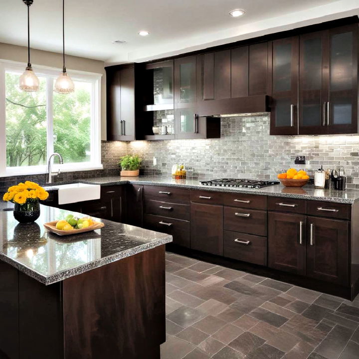 reflective surface dark wood kitchen