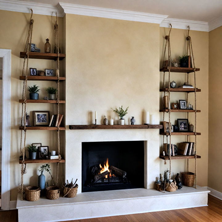 rope suspended shelves around the fireplace