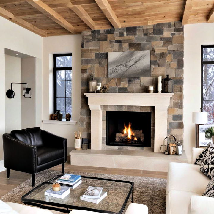 rustic stone surround fireplace