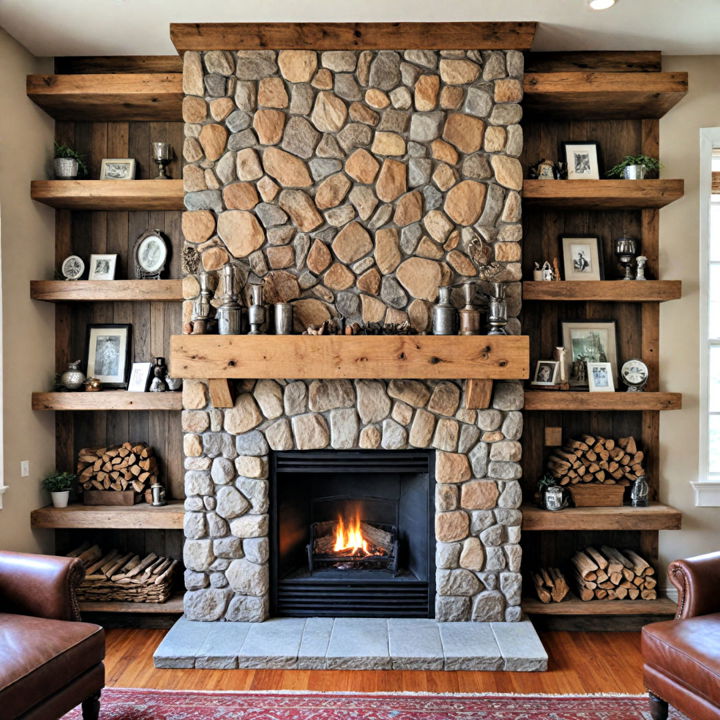rustic wooden shelves around fireplace