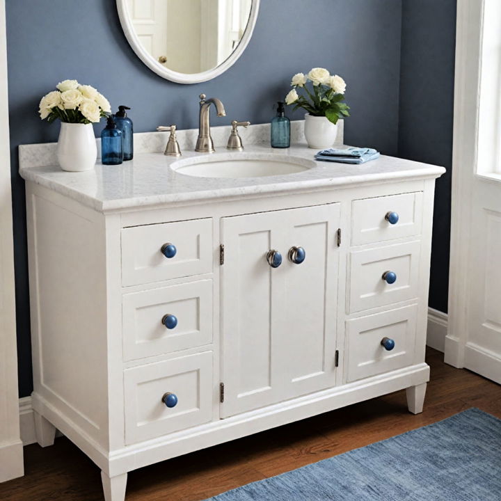 simple white vanity with blue hardware