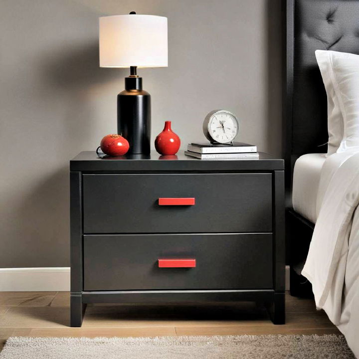 sleek black nightstands with red accents