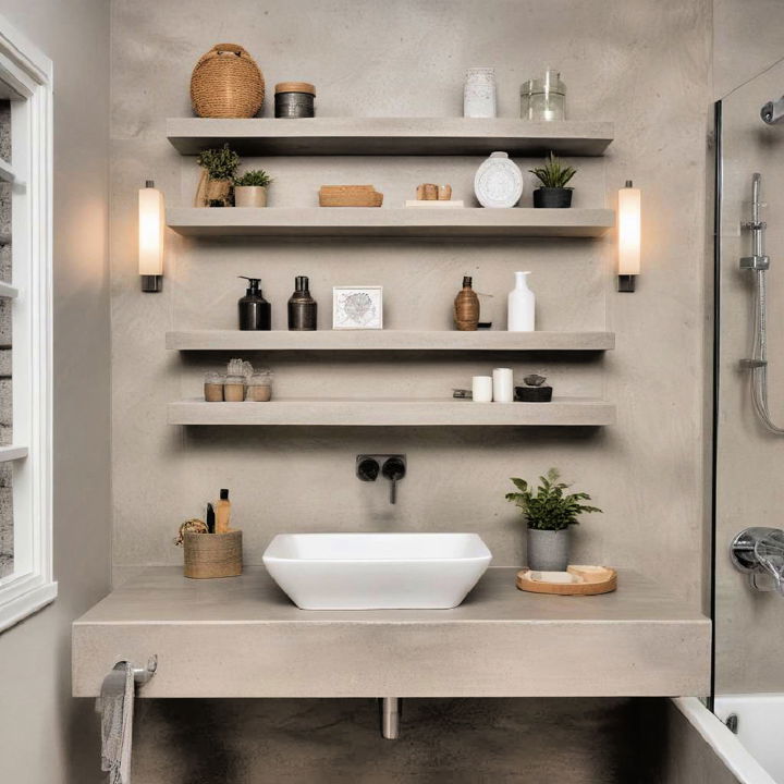 sleek floating concrete shelves for the bathroom