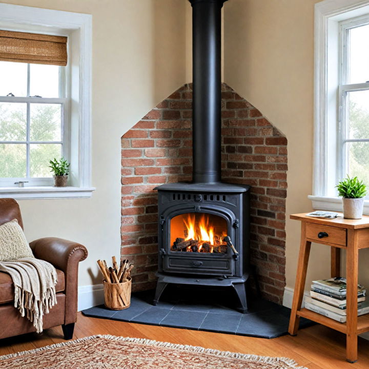 small living room corner wood stove
