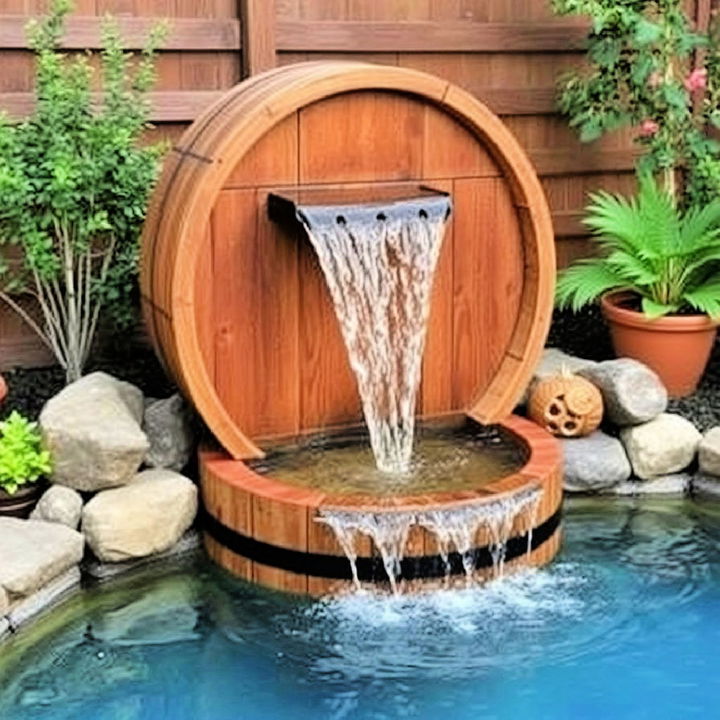 small pool wooden barrel waterfall