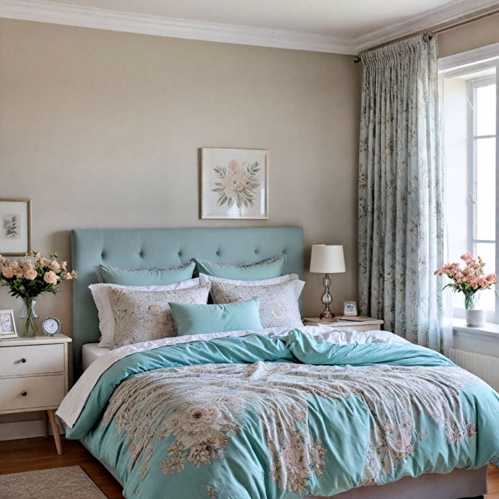 soft and feminine teal and grey bedroom