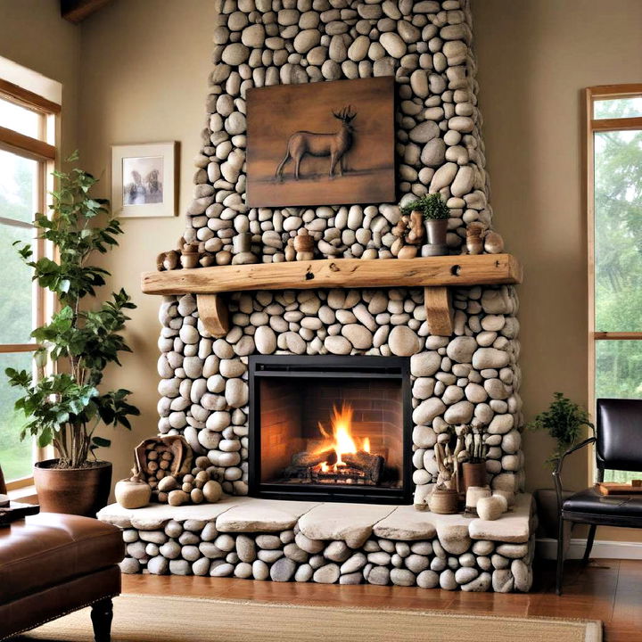 soothing river rock fireplace