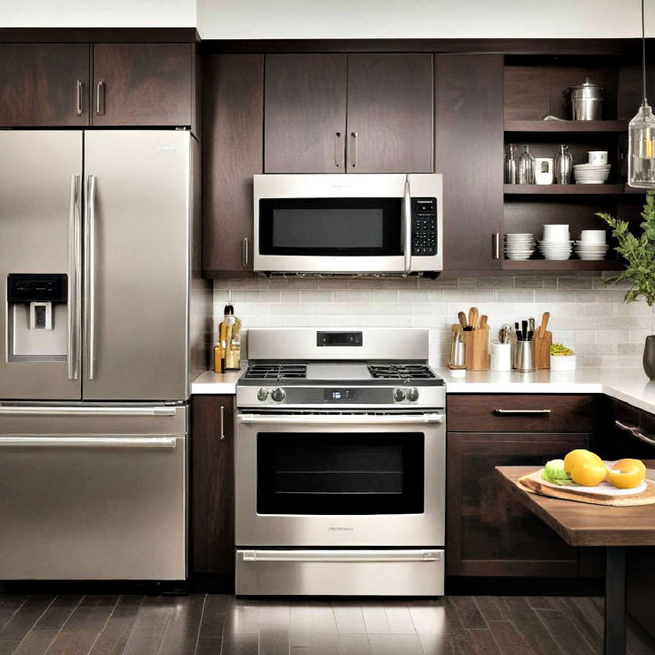 stainless steel appliances pair with dark wood cabinets