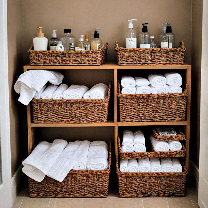 storage wicker baskets for brown bathroom