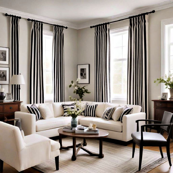 striped curtains for black and white living room