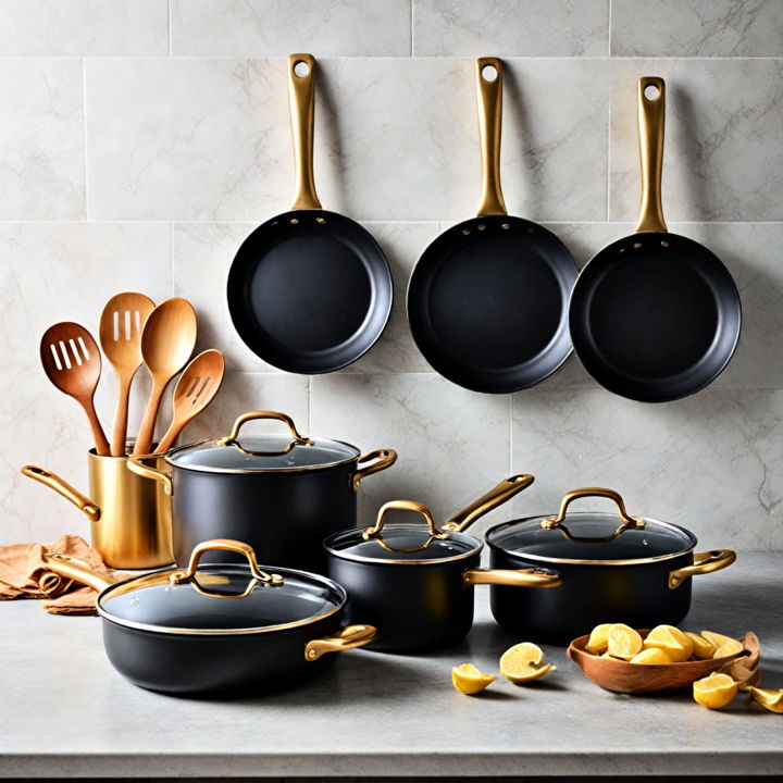 stylish black and gold pots and pans