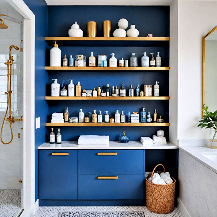 stylish blue cabinetry with gold shelving