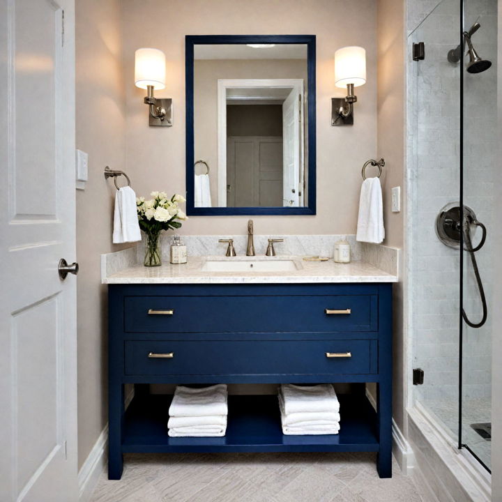 stylish blue vanity with white countertop