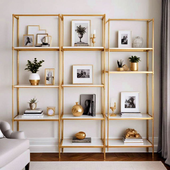 stylish gold trimmed shelving for room s design