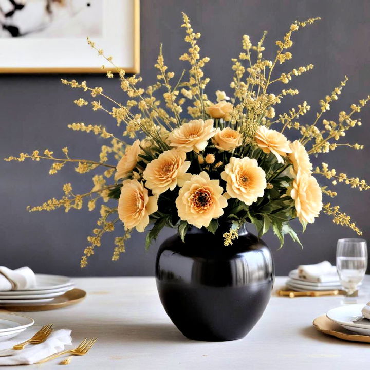 stylish vase with black and gold flowers