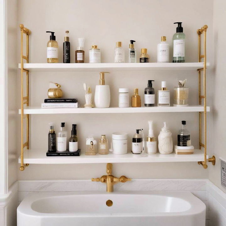 stylish white shelves with gold brackets