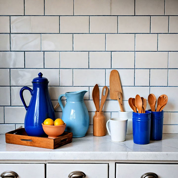 stylish white subway tiles with blue grout