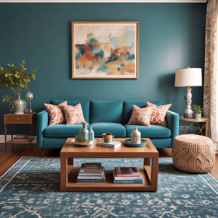 teal and bold pattern living room
