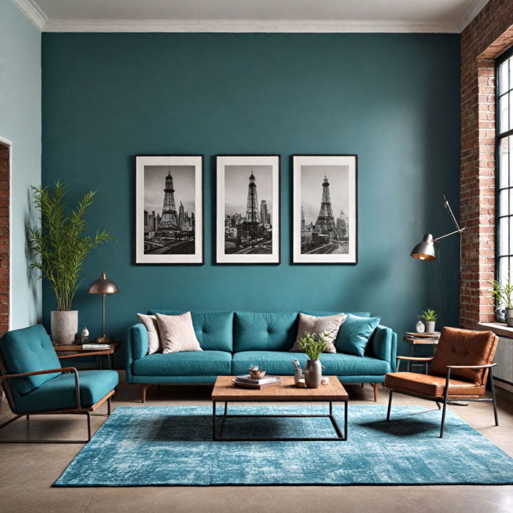 teal and industrial edge living room