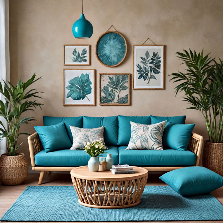 teal and natural elements living room