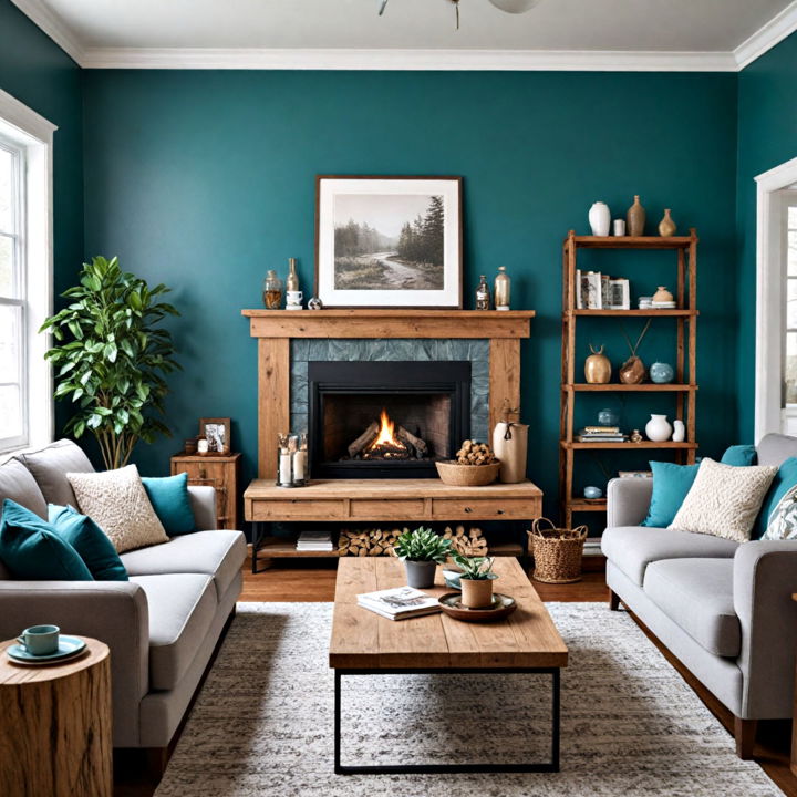 teal and rustic charm living room