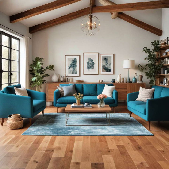 teal and warm wood tones living room