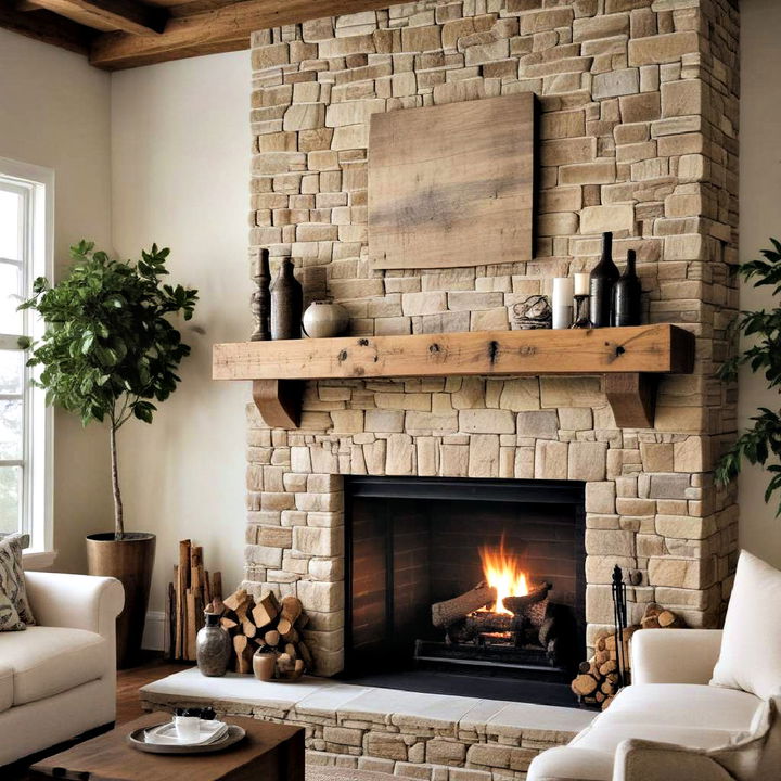 timber beam mantel fireplace