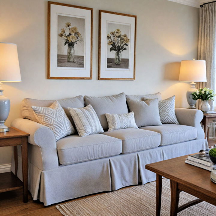 timeless soft gray skirted sofa for living room