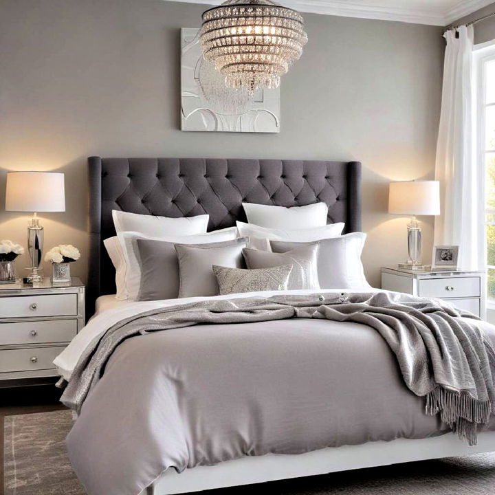 touch of glamour to grey and white bedroom