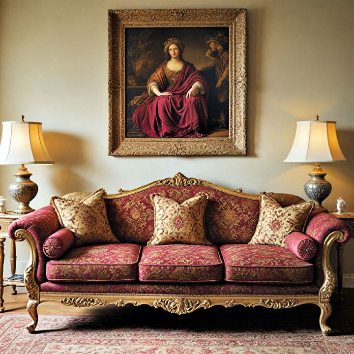 traditional tapestry sofa in burgundy and gold