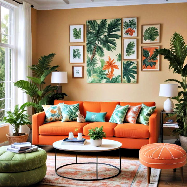 tropical paradise with an orange couch