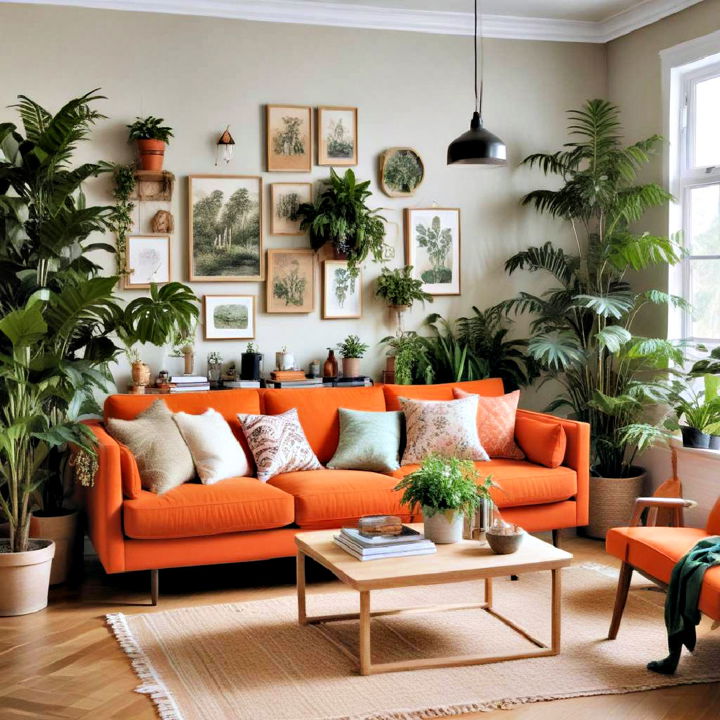 urban jungle orange couch with an abundance of greenery