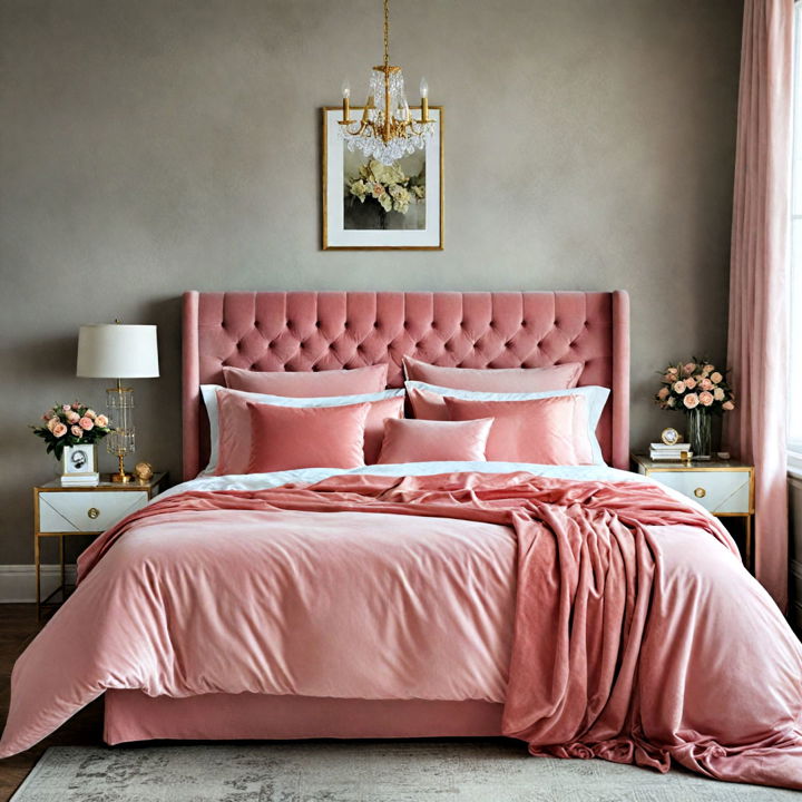 velvet upholstery pink and gold bedroom