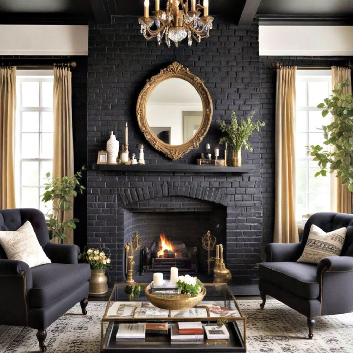 vintage glamour with a black brick fireplace