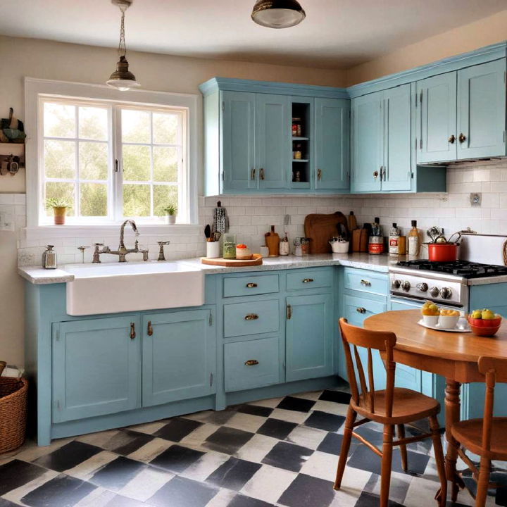 vintage inspired kitchen with light blue cabinets
