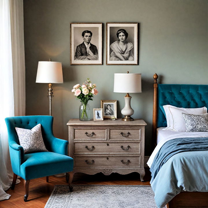 vintage style teal and grey bedroom