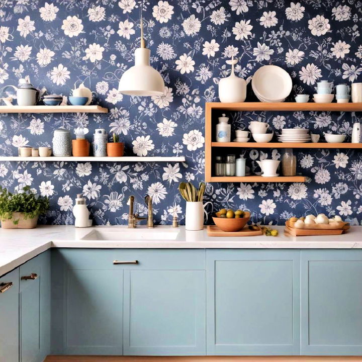 wallpaper for blue and white kitchen