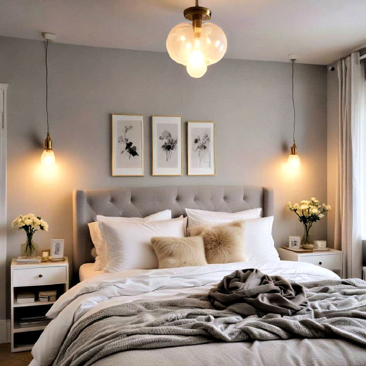 warm lighting for grey and white bedroom