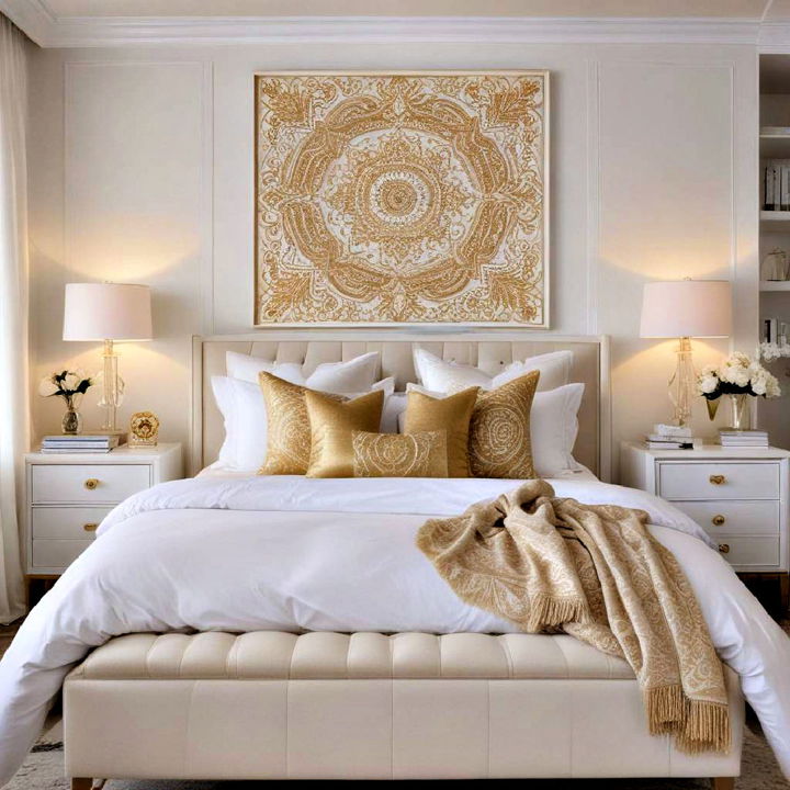 white and gold wall art for bedroom