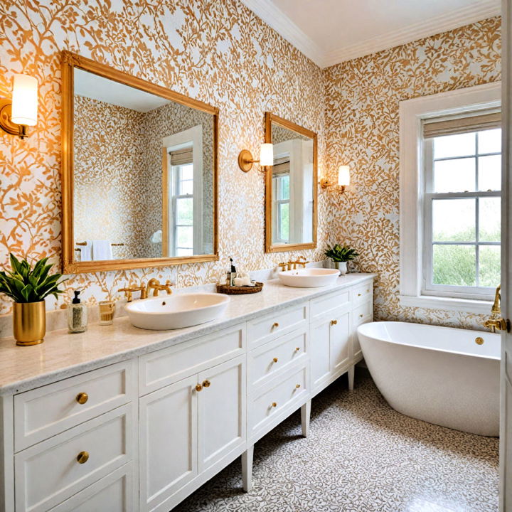 white and gold wallpaper for bathroom