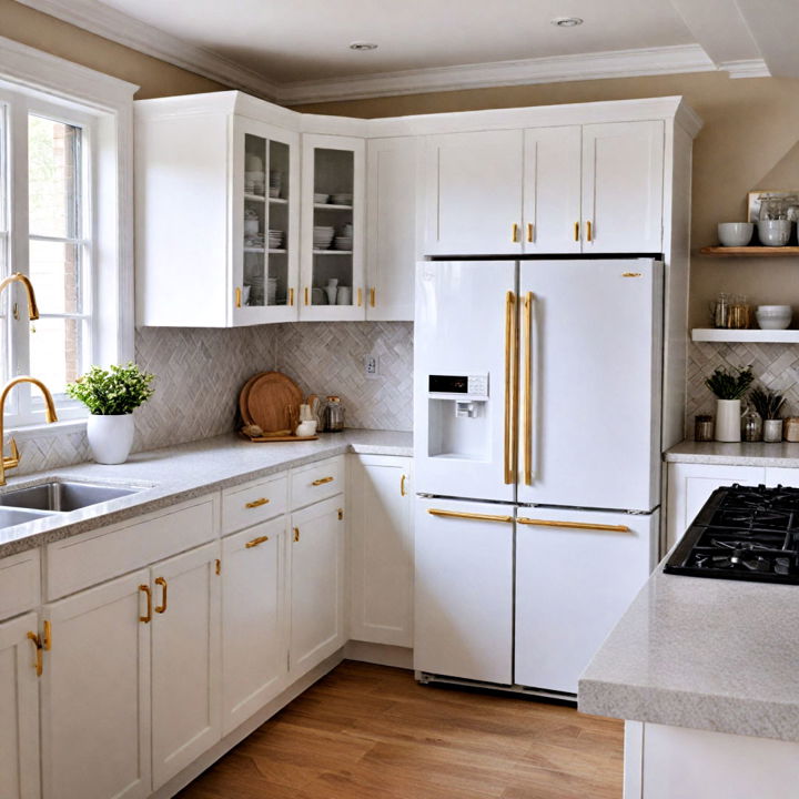 white appliances with gold handles