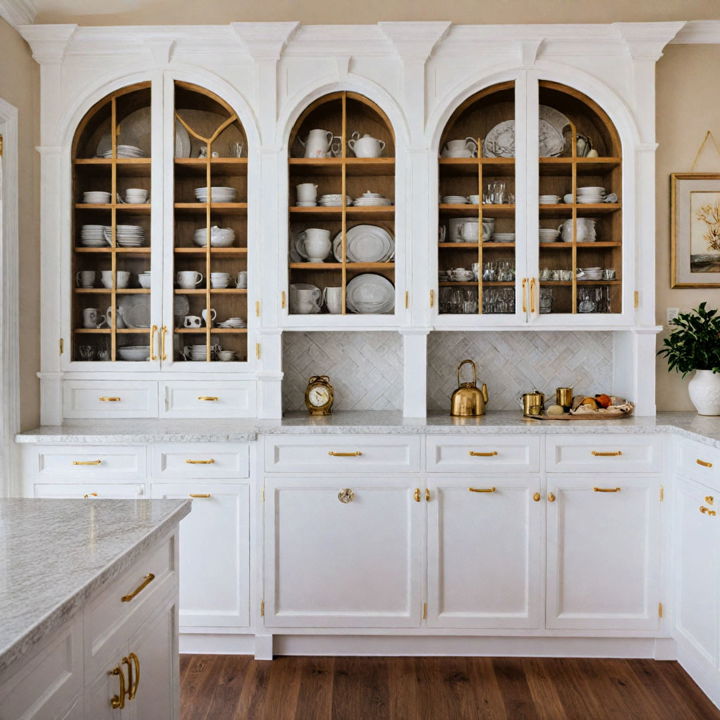 white arched cabinets with gold hardware