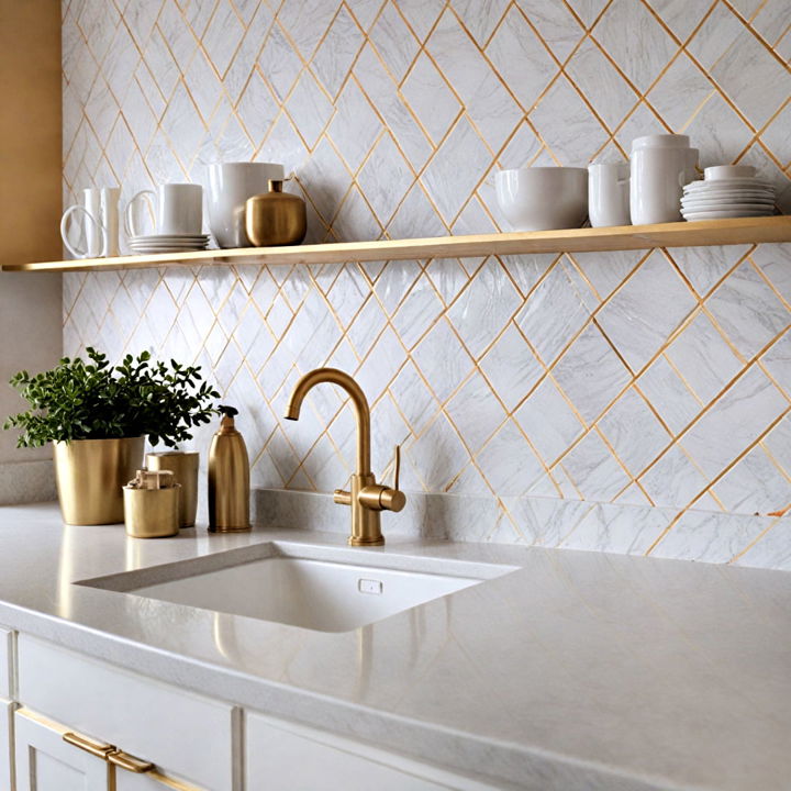 white backsplash with gold grout