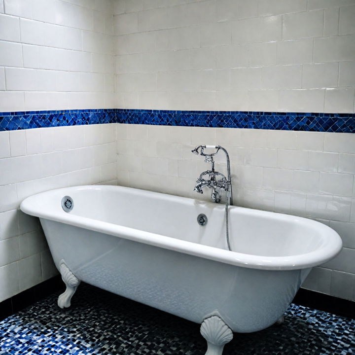 white bathtub with blue border tiles