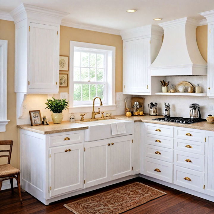 white beadboard cabinets with gold hardware